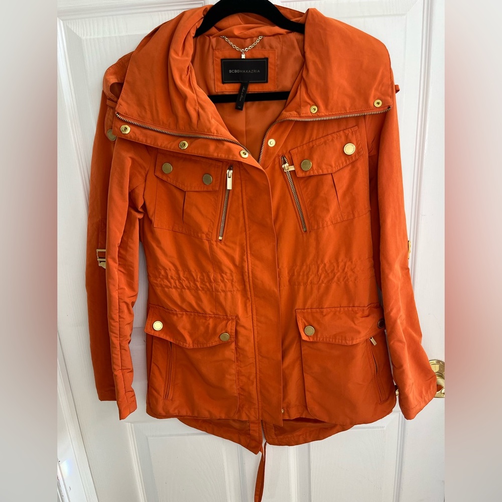 BCBGMaxAzria Orange Utility/Rain Jacket with Drawstring Waist